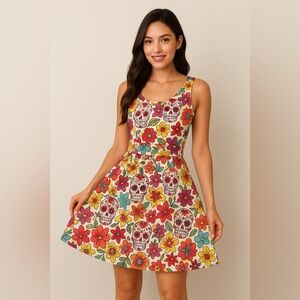 Folter Sugar Skull Floral Day of the Dead Dress Size M Made in USA Pockets